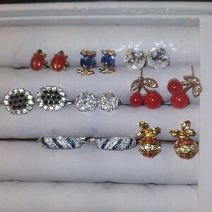 8 pairs of earrings pierced Owls,Cherries Hoops Huggies Rhinestone